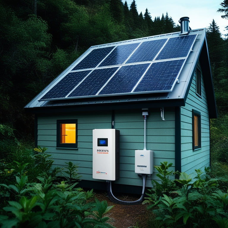 A serene, isolated cabin surrounded by lush greenery, with a rooftop solar panel array and a sleek, modern inverter system installed on the exterior wall, connected to a battery bank.