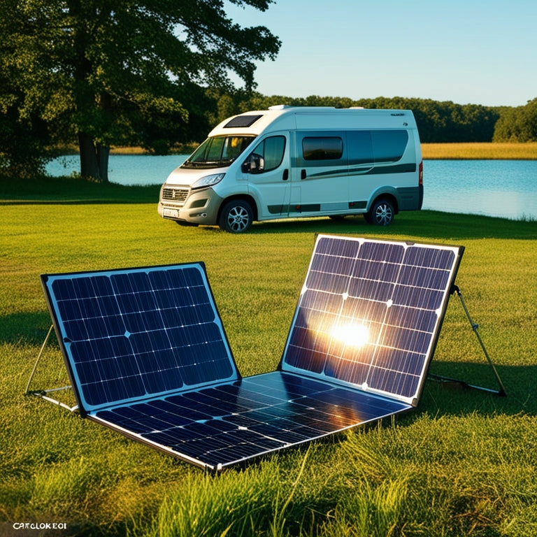 A serene landscape featuring a camper van parked near a tranquil lake, with a portable solar panel unfolded on the grass, its sleek frame and photovoltaic cells glistening in the warm sunlight.