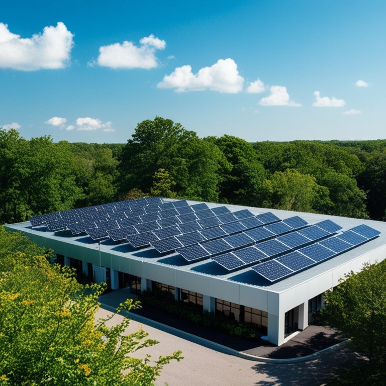 A serene landscape featuring a modern commercial building with sleek, silver solar panels installed on its rooftop, surrounded by lush greenery and a bright blue sky with few puffy clouds.
