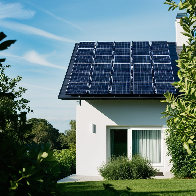 A serene landscape featuring a modern home with a sleek, black solar panel array on its rooftop, surrounded by lush greenery and a bright blue sky with a few wispy clouds.