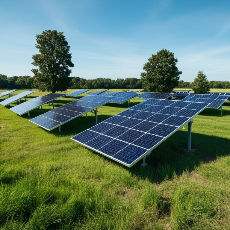 A serene landscape with a large, open field featuring rows of sleek, silver ground-mounted solar panels at varying angles, surrounded by lush green grass and a few tall trees under a clear blue sky.