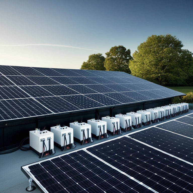A serene landscape with a modern, sleek rooftop covered in rows of black solar panels, adjacent to a tidy array of white batteries with metallic connectors and cables, amidst a subtle gradient of blue sky and green trees.