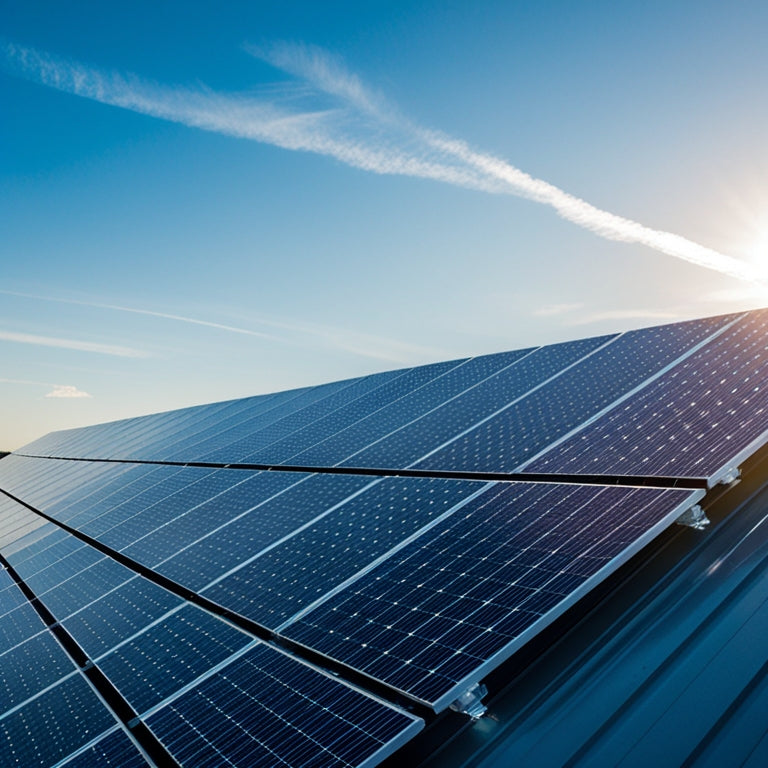 A serene landscape with a modern, sleek rooftop covered in rows of dark blue photovoltaic solar panels, angled to capture sunlight amidst a clear blue sky with a few wispy clouds.