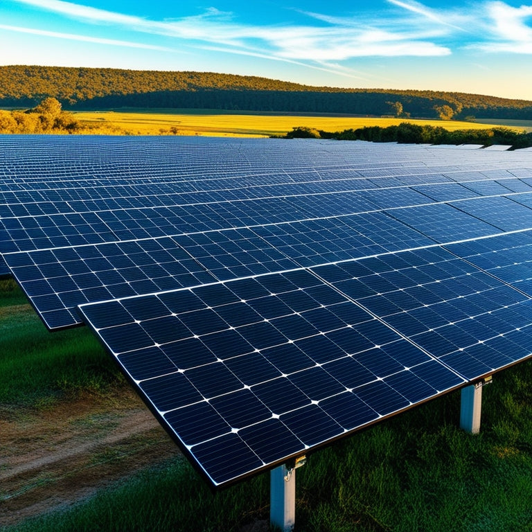 A serene landscape with a sprawling solar farm in the foreground, featuring rows of sleek, black photovoltaic panels angled towards the sky, reflecting a vibrant blue horizon with a few wispy clouds.