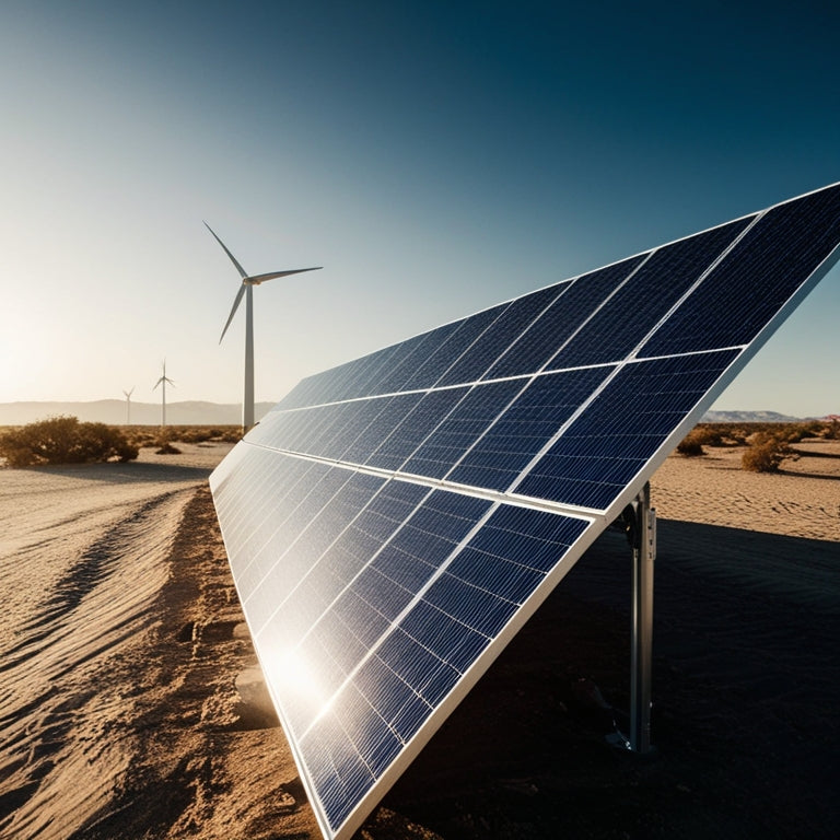 A serene landscape with a vast, sun-kissed desert in the background, featuring a cluster of sleek, silver solar panels angled towards the sky, with a few wind turbines in the distance.