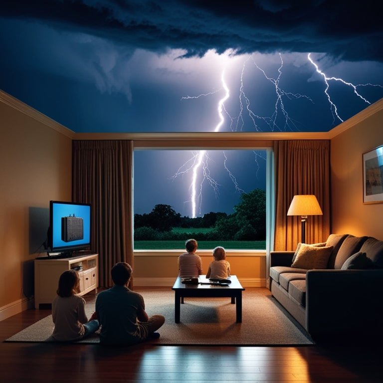 A serene living room with a family watching TV, lit by a warm glow, while outside a severe thunderstorm rages, with a subtle hint of a battery backup system in the corner, powering the scene.