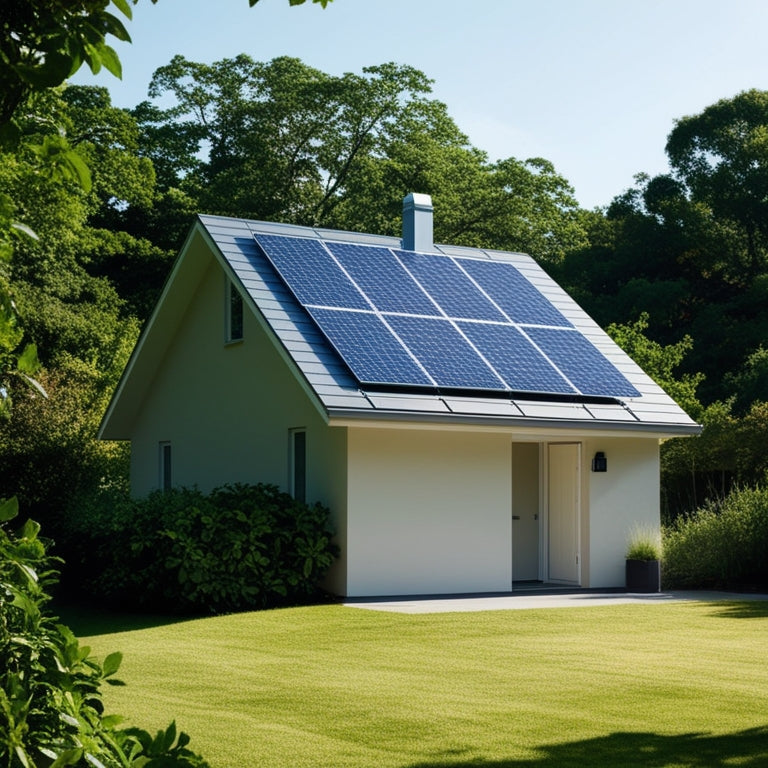 A serene, modern, one-story home with a sloping roof, surrounded by lush greenery, featuring a compact solar panel array on the roof, with a few panels subtly angled towards the sun.