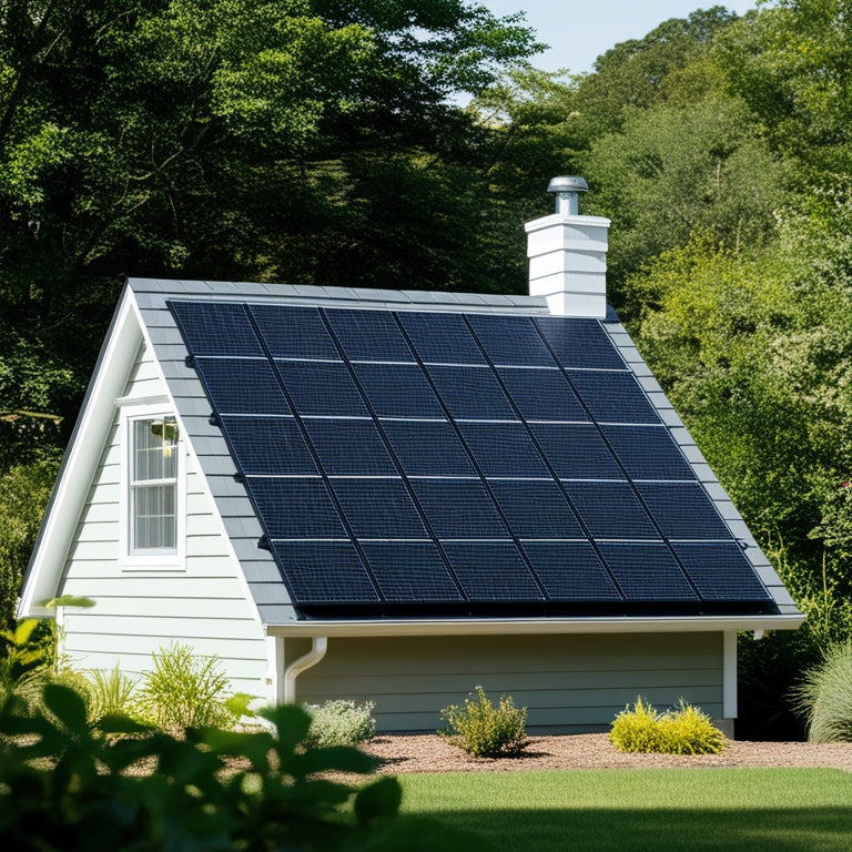 A serene, modern small house with a sloping roof, surrounded by lush greenery, featuring a sleek, black solar panel array installed on the south-facing roof, with a few windows and a chimney in the background.