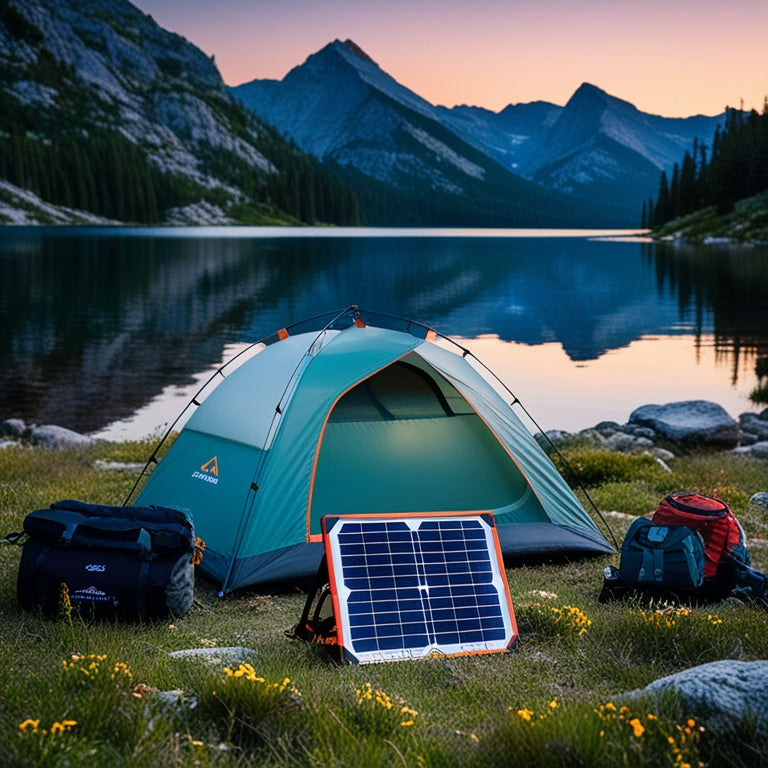 A serene mountain lake at dawn, with a camper's tent and a portable solar panel setup in the foreground, surrounded by hiking gear and a few scattered wildflowers.