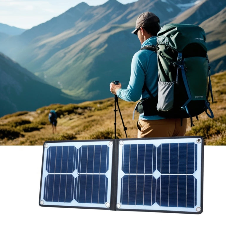 A serene mountain landscape with a hiker in the distance, wearing a backpack with a compact, rectangular foldable solar panel attached, its panels unfolded and angled towards the sun.