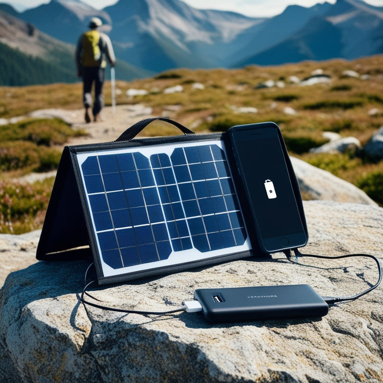 A serene mountain landscape with a hiker in the distance, foreground featuring a portable solar panel unfolded on a rocky outcropping, connected to a power bank charging a smartphone.
