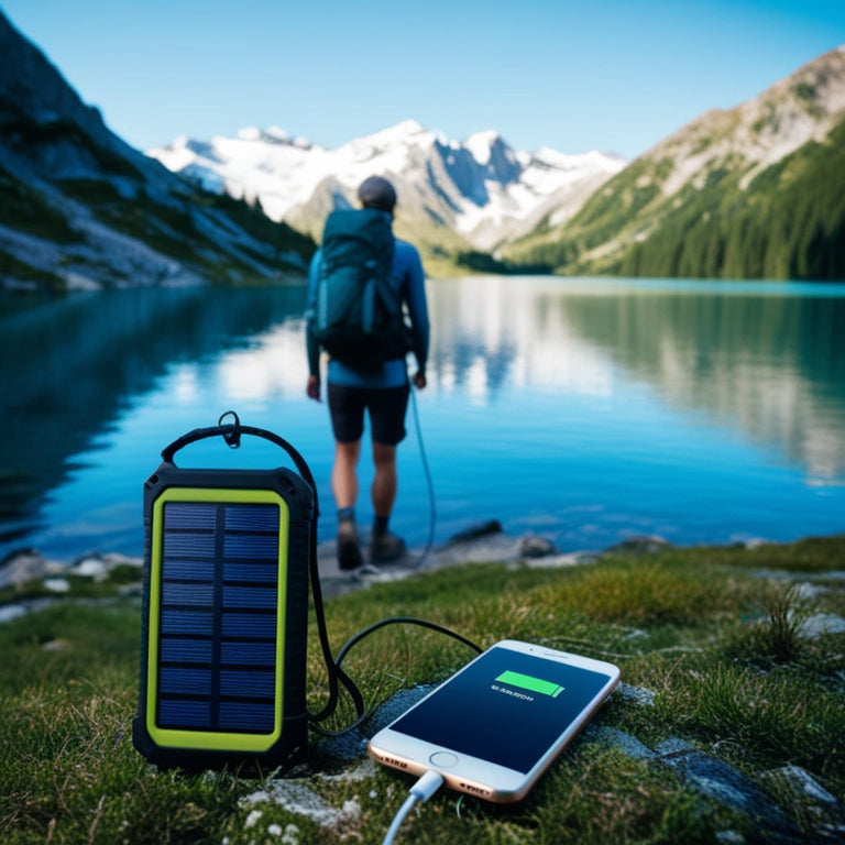 A serene mountain landscape with a lone hiker in the distance, a portable solar power bank strapped to their backpack, and a smartphone charging beside a serene alpine lake.