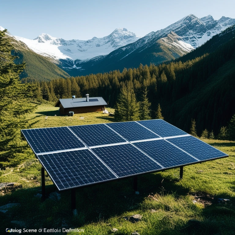 A serene mountainous landscape with a small cabin in the distance, featuring a rooftop array of sleek, black solar panels angled towards the sun, surrounded by lush greenery and snow-capped peaks.