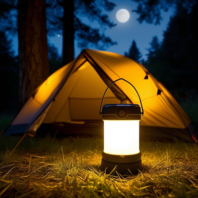 A serene nighttime camping scene: a tent aglow with soft, warm light from a portable solar lantern, surrounded by trees, with a subtle moonlit glow in the background.