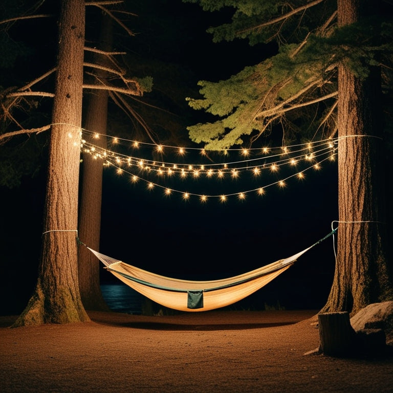 A serene nighttime campsite scene with a hammock, surrounded by towering trees, illuminated by a gentle glow of solar string lights draped across branches, casting a warm ambiance.