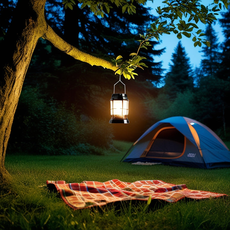 A serene nighttime campsite scene with a solar lantern hanging from a tree branch, casting a warm glow on a picnic blanket surrounded by lush greenery and towering trees.