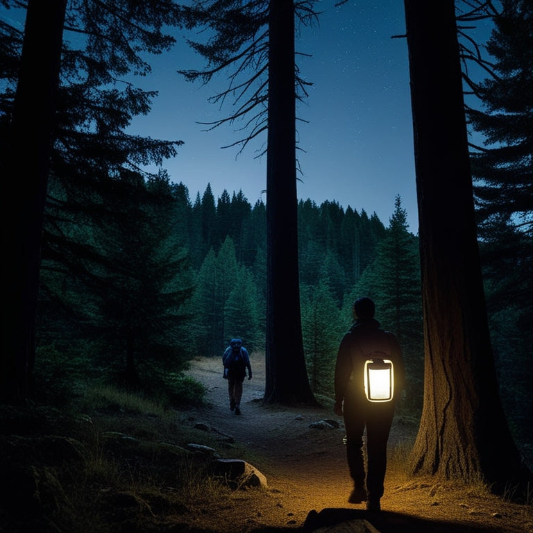 A serene nighttime forest scene with a hiker in the distance, surrounded by tall trees, with a soft glow emanating from a solar-powered lantern hung from their backpack.