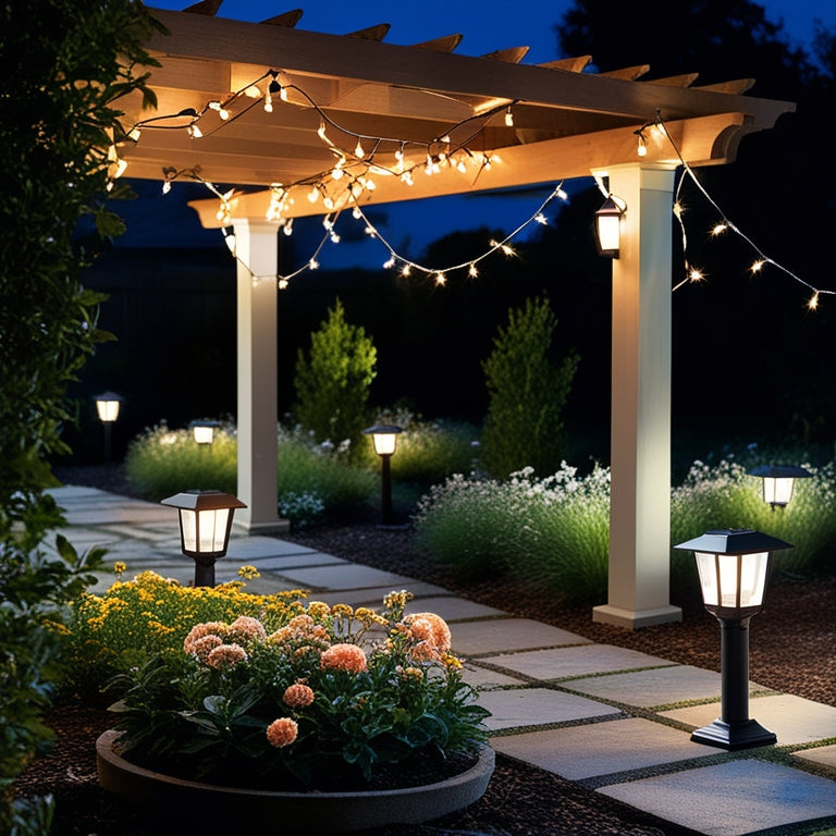 A serene nighttime garden scene with various modern solar lights, including string lights draping a wooden pergola, lanterns lining a stone pathway, and a pedestal light illuminating a blooming flowerbed.