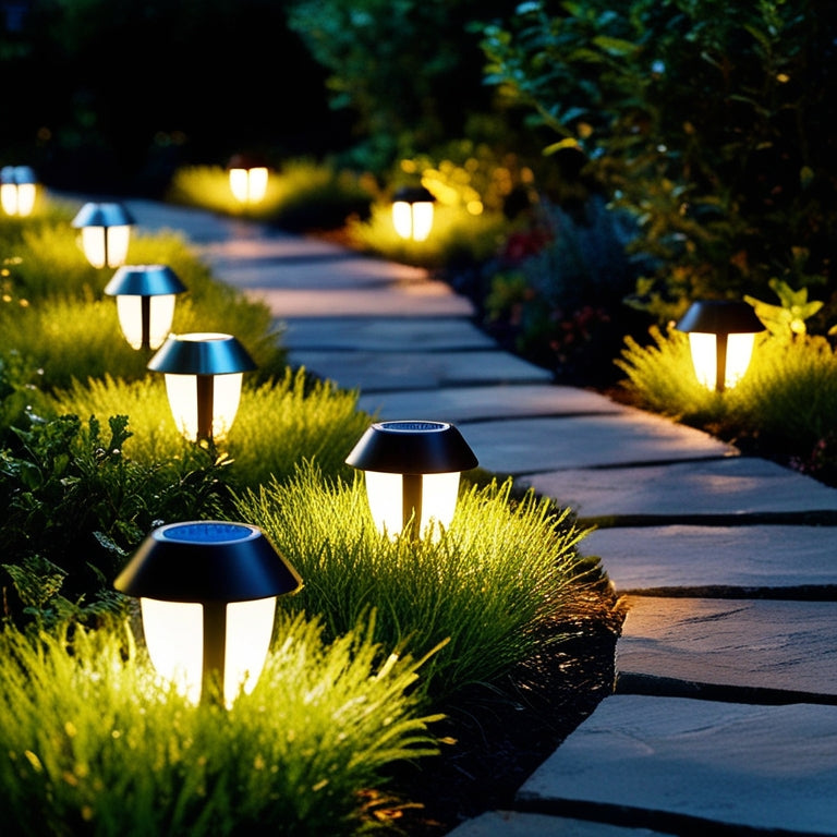 A serene nighttime garden scene with winding stone pathways, lush greenery, and a dozen solar lights in various shapes and sizes, softly illuminating the surroundings with warm, golden glows.
