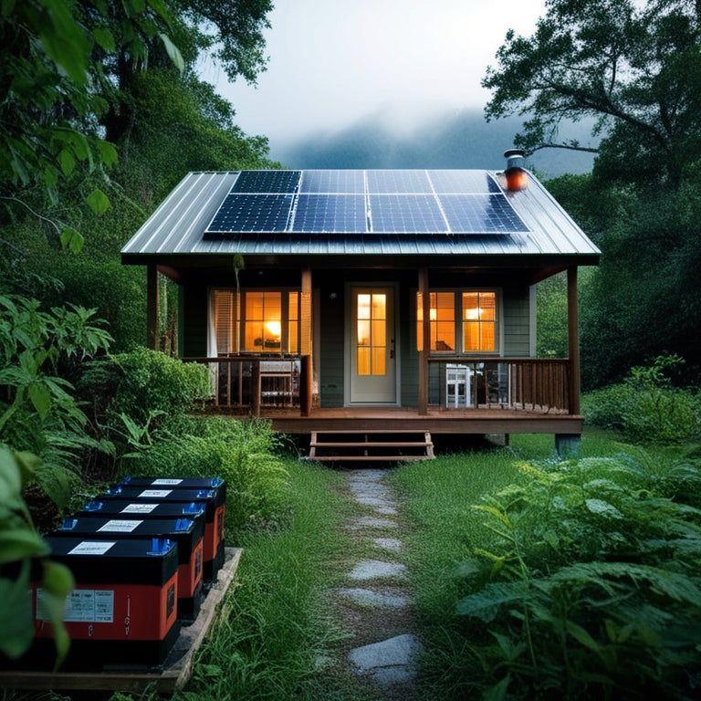 A serene off-grid cabin surrounded by lush greenery, with a solar panel array on the roof, a battery bank on the porch, and a subtle misty mountain range in the background.