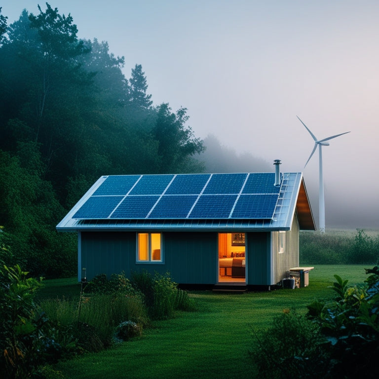 A serene off-grid cabin surrounded by lush greenery, with a sleek solar panel array on the roof, a wind turbine in the distance, and a subtle misty morning atmosphere.