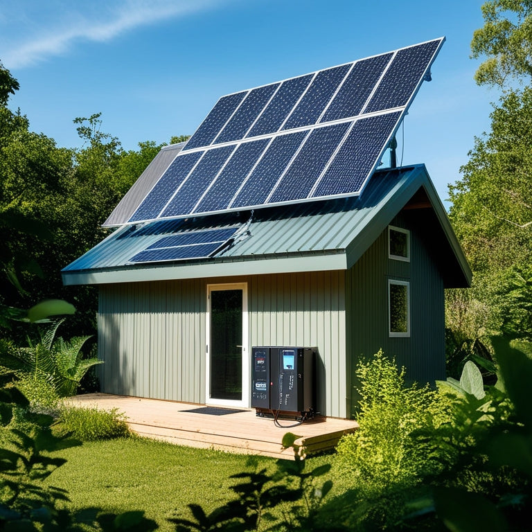 A serene off-grid cabin surrounded by lush greenery, with a rooftop solar panel array angled towards the sky, connected to a sleek battery bank and inverter system on the cabin's exterior wall.