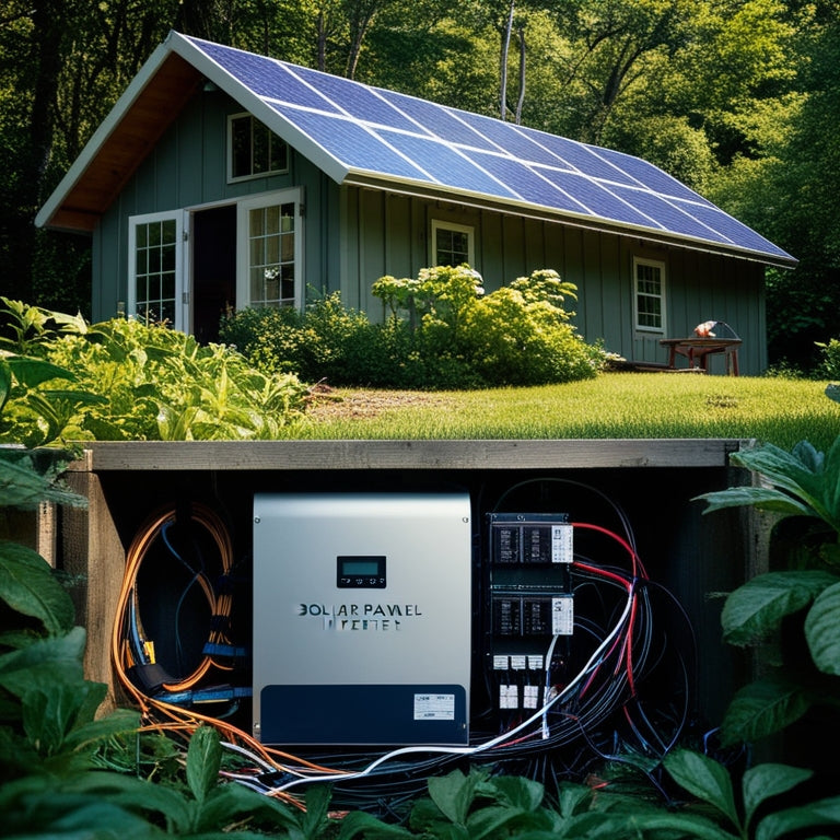A serene off-grid cabin surrounded by lush greenery, with a solar panel array on the roof, connected to a sleek inverter unit nestled in the shadows, amidst a tangle of wires and circuit breakers.