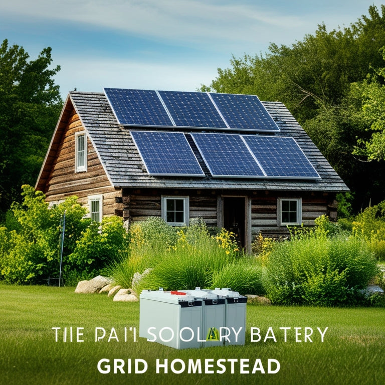 A serene off-grid homestead with a rustic wooden cabin, surrounded by lush greenery, featuring a solar panel array on the roof and a battery bank in the foreground.