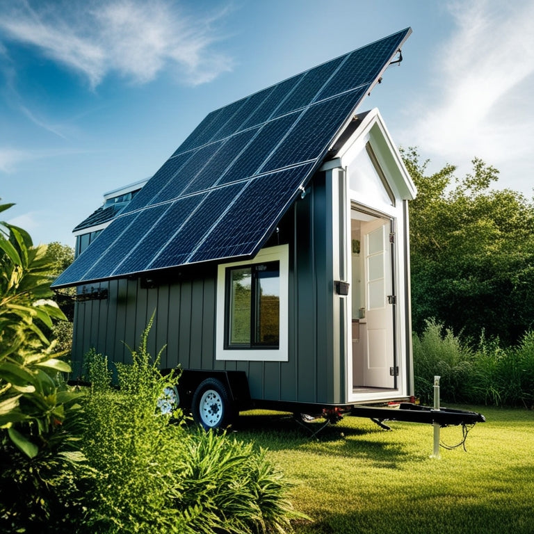 A serene, off-grid tiny home surrounded by lush greenery, with a sleek, black solar panel array angled on the roof, reflecting a sunny blue sky with a few wispy clouds.