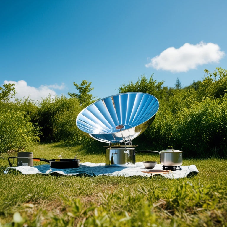 A serene outdoor campsite scene: a shiny, reflective parabolic solar cooker in the center, surrounded by lush greenery, with a camping stove and utensils scattered nearby, under a bright blue sky with a few puffy clouds.