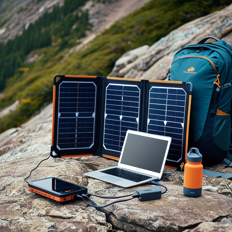 A serene outdoor scene: a compact solar panel unfolded on a rocky mountainside, connected to a portable power station and charging a laptop, with a hiking backpack and water bottle nearby.