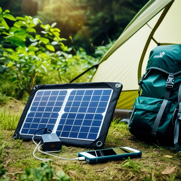 A serene outdoor scene featuring a collapsible solar panel, a portable power bank, and a smartphone charging in the shade of a camping tent, surrounded by lush greenery and a few hiking backpacks.