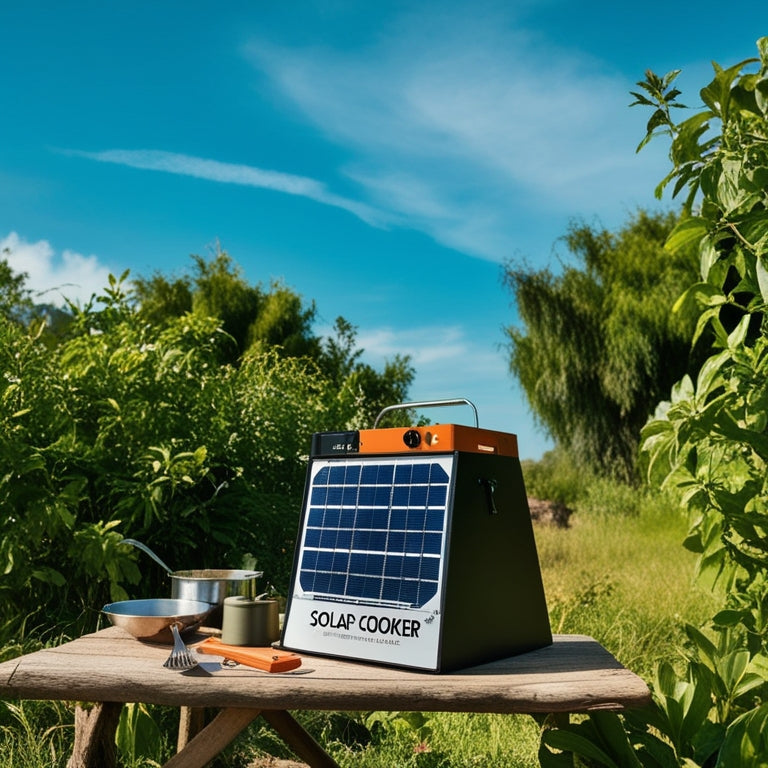 A serene outdoor scene featuring a portable solar cooker in the foreground, surrounded by lush greenery, with a rustic wooden table and a few utensils, set against a bright blue sky with a few wispy clouds.