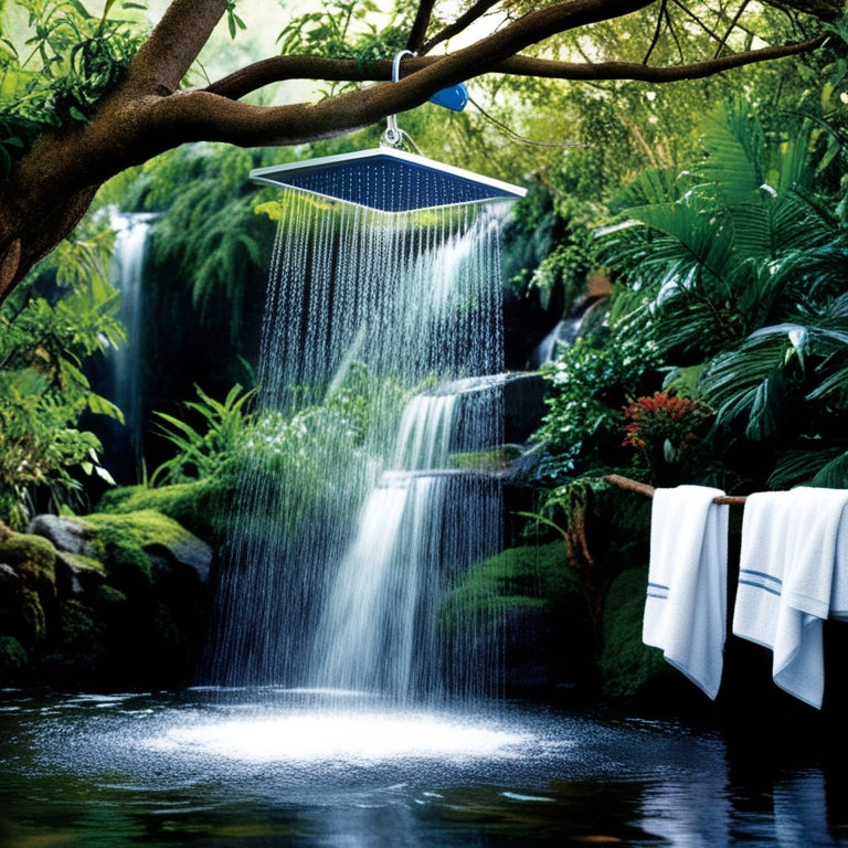 A serene outdoor scene featuring a portable solar shower suspended from a tree branch, surrounded by lush greenery, with a misty waterfall cascading in the background, and a few towels hanging to dry.