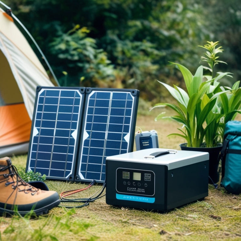 A serene outdoor scene with a compact, foldable solar panel array (3-4 panels) connected to a sleek, rectangular battery storage unit, surrounded by camping gear and a few lush green plants.