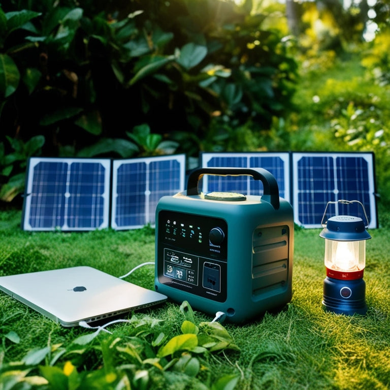 A serene outdoor scene with a portable solar generator, surrounded by lush greenery, powering a laptop and a camping lantern, with a few solar panels unfolded in the background.