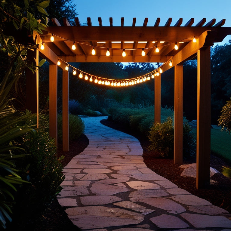 A serene outdoor setting at dusk, with a meandering stone path lined by lush greenery, illuminated by a string of warm, soft-glowing solar lights suspended from a wooden pergola's rustic beams.