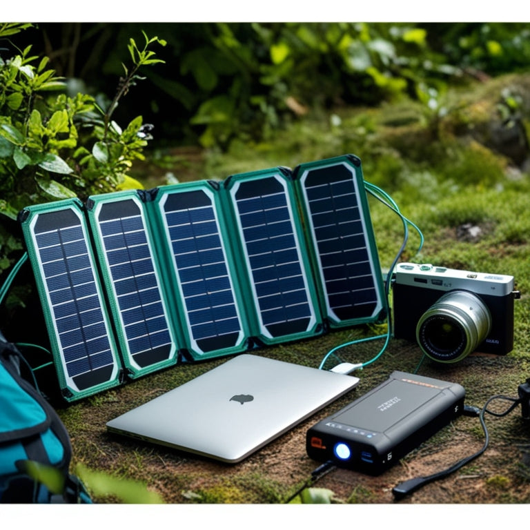 A serene outdoor setting with a compact, foldable solar panel array, a sleek battery pack, and a few devices (laptop, phone, camera) charging simultaneously, surrounded by lush greenery and a few adventure gear.