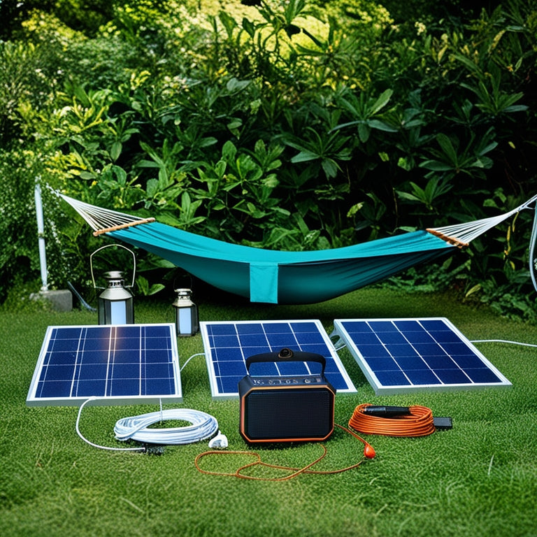 A serene outdoor setting with a hammock, lanterns, and a portable speaker surrounded by lush greenery, all powered by sleek solar panels with wires and cables neatly organized.
