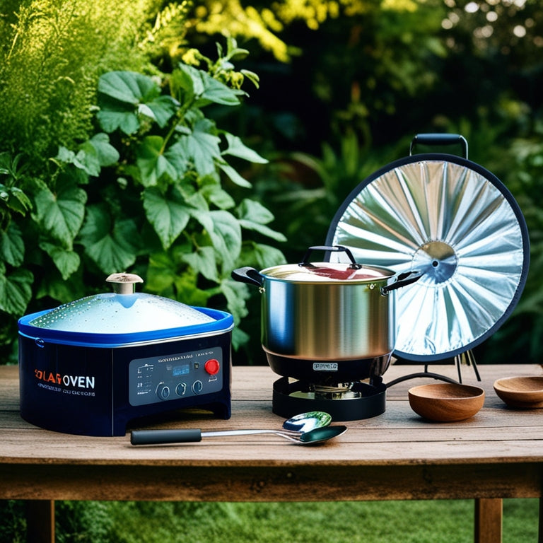 A serene outdoor setting with a portable solar oven, a collapsible reflector, and a sleek, compact solar cooker, surrounded by lush greenery and a few utensils, on a rustic wooden table.