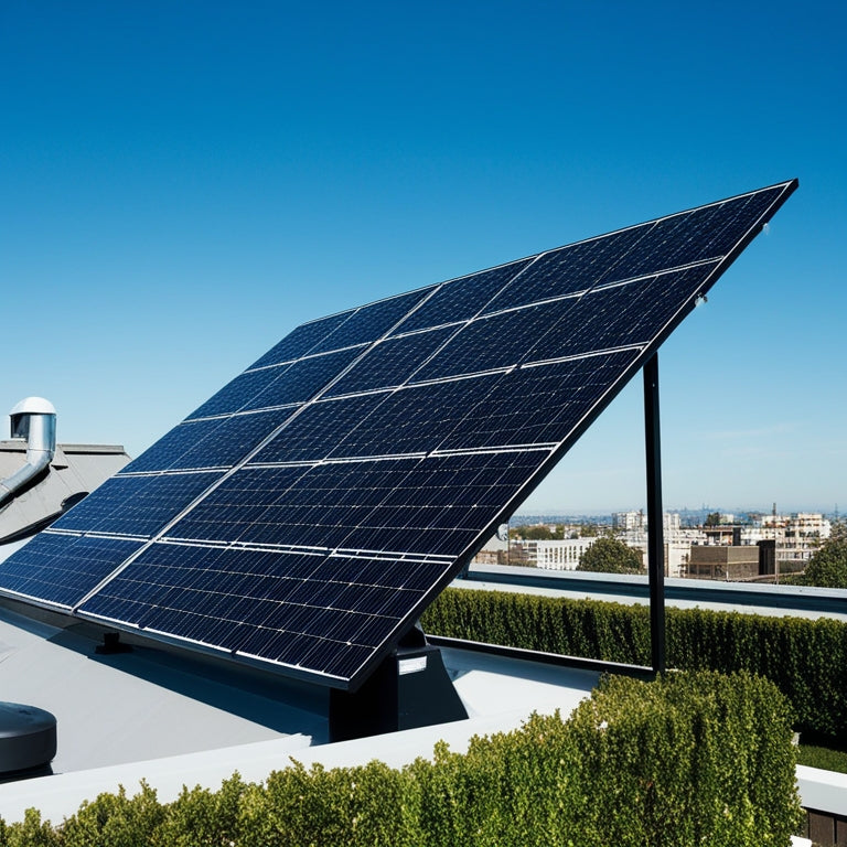 A serene rooftop scene with sleek black solar panels angled towards a bright blue sky, surrounded by neatly trimmed greenery and a subtle cityscape in the background.