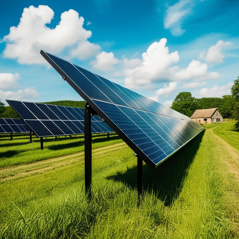 A serene rural landscape featuring rows of sleek, black solar panels tilted at an angle, surrounded by lush green fields and a few rustic farmhouses under a bright blue sky with puffy white clouds.