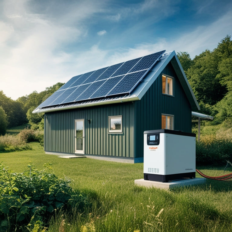 A serene rural landscape with a modern off-grid cabin, surrounded by lush greenery, featuring a sleek solar panel array on the roof, connected to a battery bank and inverter.
