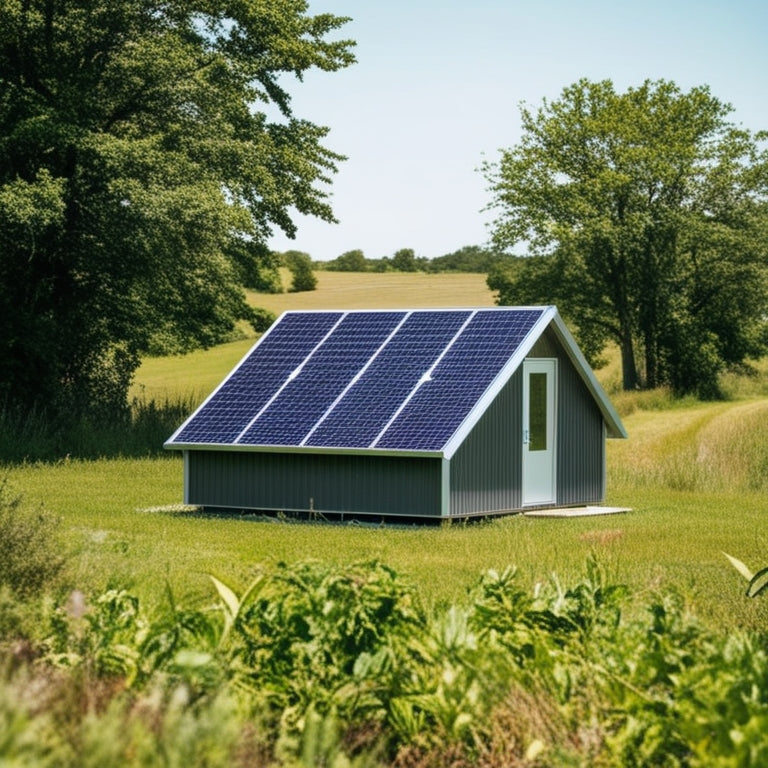 A serene rural landscape with a small, modern cabin in the distance, surrounded by lush greenery, and a sleek off-grid solar kit installed on the roof, with a few solar panels angled towards the sun.