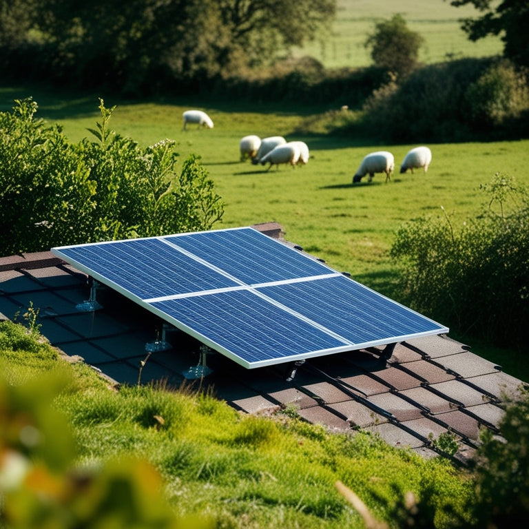 A serene rural landscape with a small, modern solar panel array (4-6 panels) on a sloping roof, surrounded by lush greenery and a few grazing sheep in the distance.