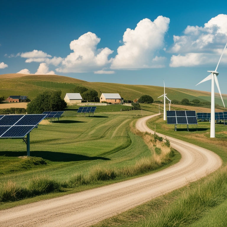 A serene rural landscape with rolling hills, scattered farmhouses, and a meandering dirt road, dotted with solar panels and wind turbines, under a bright blue sky with fluffy white clouds.