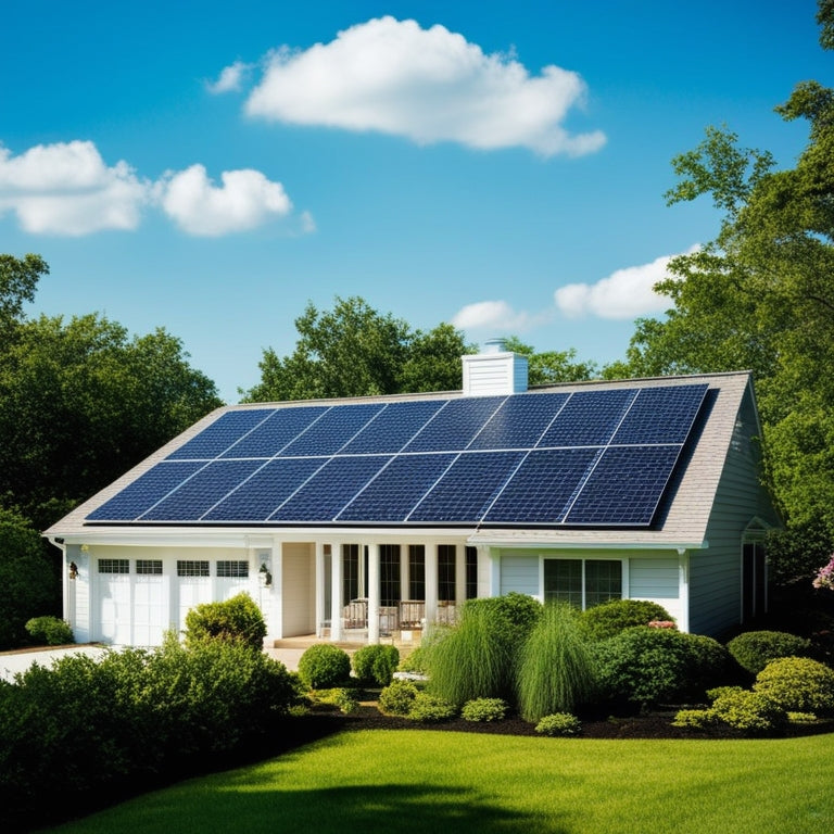 A serene suburban home with a sleek, modern solar panel array installed on the roof, surrounded by lush greenery and a bright blue sky with a few puffy white clouds.