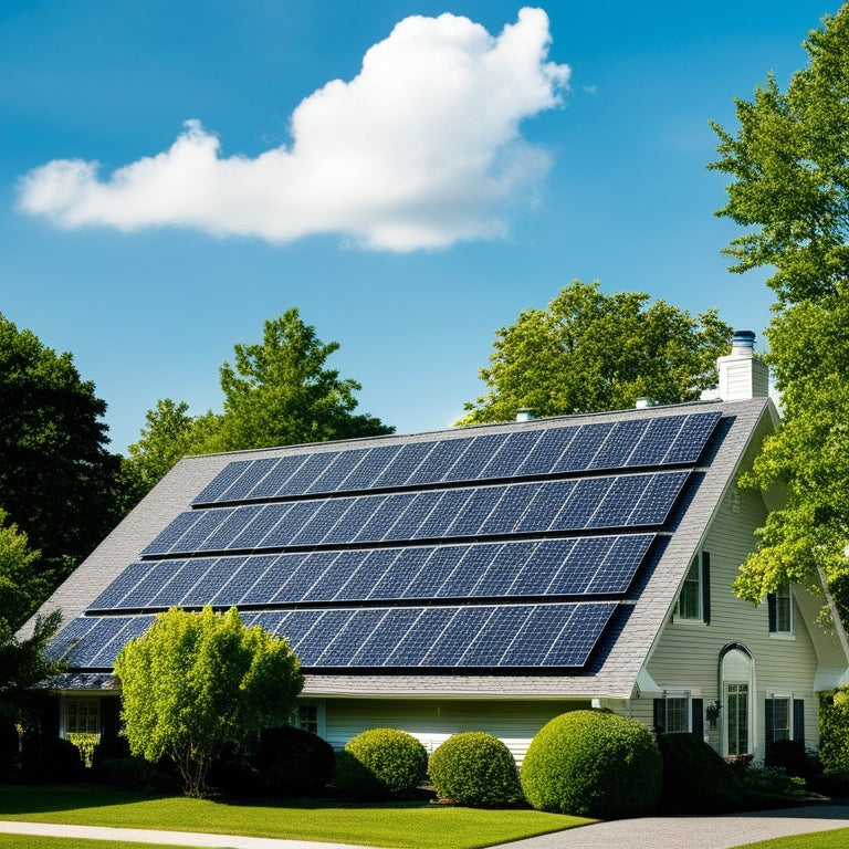 A serene suburban home with a sloping roof, covered in sleek black solar panels, surrounded by lush green trees, under a bright blue sky with a few puffy white clouds.