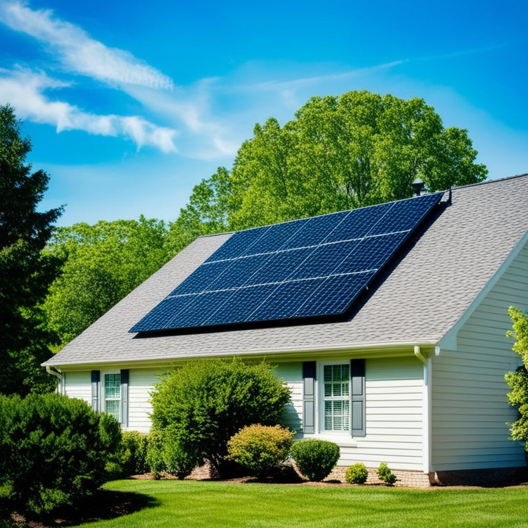 A serene suburban home with sleek, black solar panels installed on the roof, surrounded by lush green trees and a bright blue sky with a few wispy clouds.