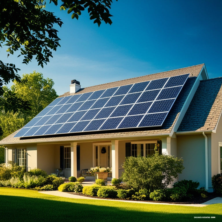 A serene suburban home with sleek solar panels on the roof, surrounded by lush greenery and a clear blue sky, with sunlight casting a warm glow on the exterior walls.